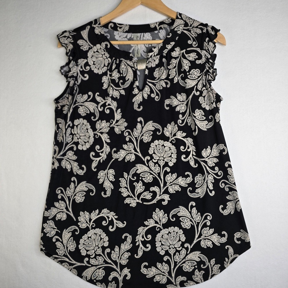 PerSeption Concept Womens Large Black White Paisley Floral Ruffle Sleeve Blouse